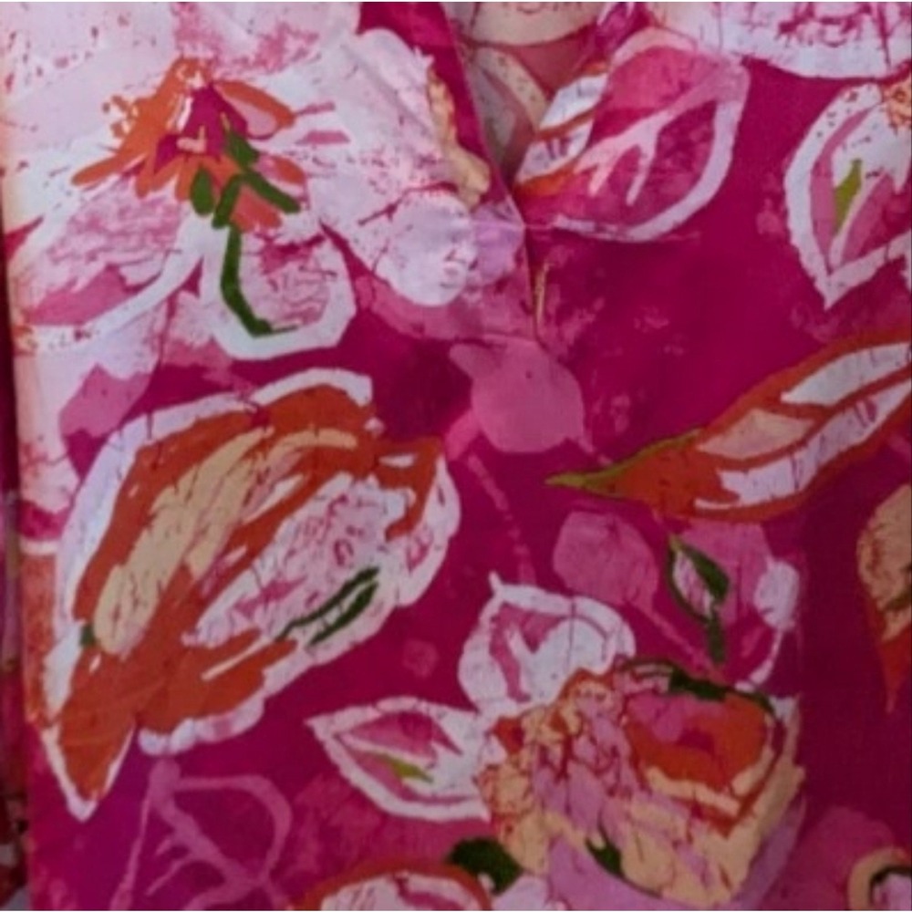 Natori Floral Boho Coastal Elegant V-Neck Blouse Pink Orange Watercolor Bloom - Picture 13 of 16